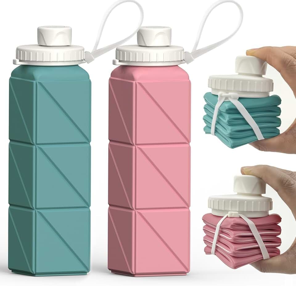 Collapsible Water Bottles 2 Pack, Silicone Foldable Portable Travel Water Bottle 20.6oz, Folding Lightweight Reusable Leakproof for Traveling Camping Hiking Cycling Yoga Sports Outdoor