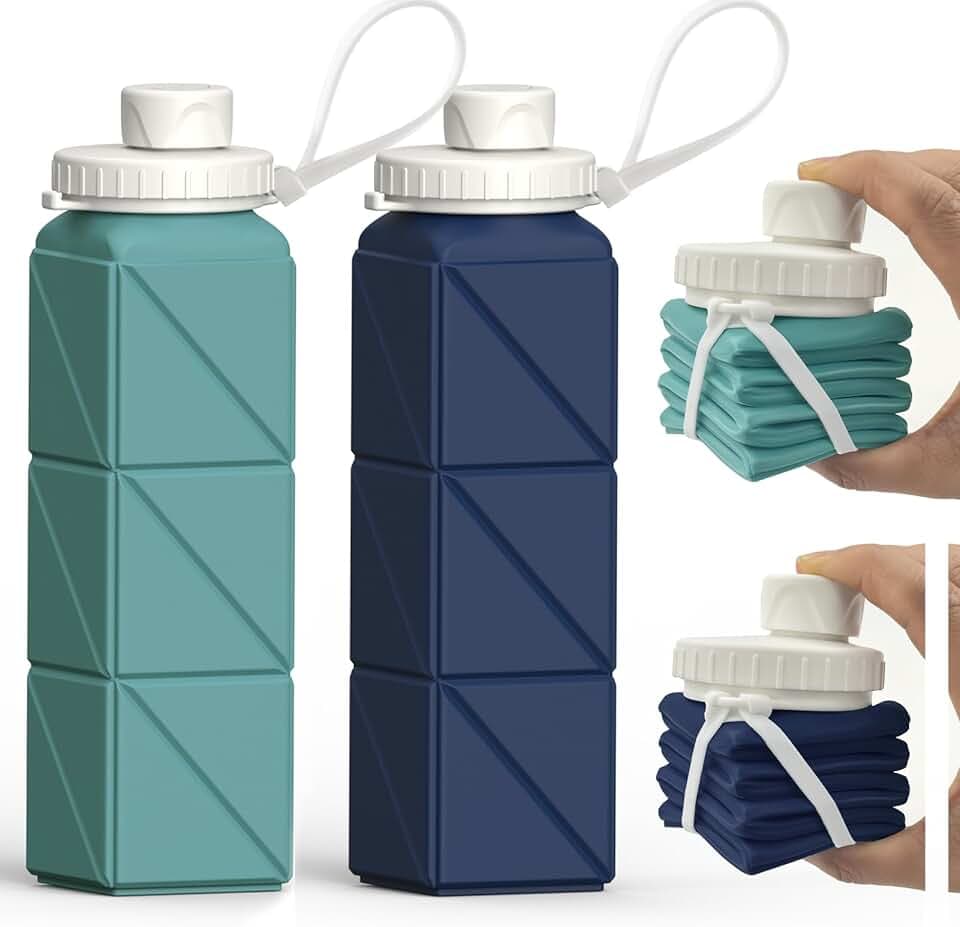 Collapsible Water Bottles 2 Pack, Silicone Foldable Portable Travel Water Bottle 20.6oz, Folding Lightweight Reusable Leakproof for Traveling Camping Hiking Cycling Yoga Sports Outdoor