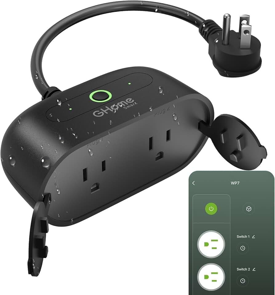 GHome Smart Outdoor Plug Wi-Fi Outlet, Dual Individual Sockets Smart Plug with IP64 Waterproof, Works with Alexa Google Assistant & SmartThings, No Hub Needed for Smart Home Control, 2.4G WiFi Only