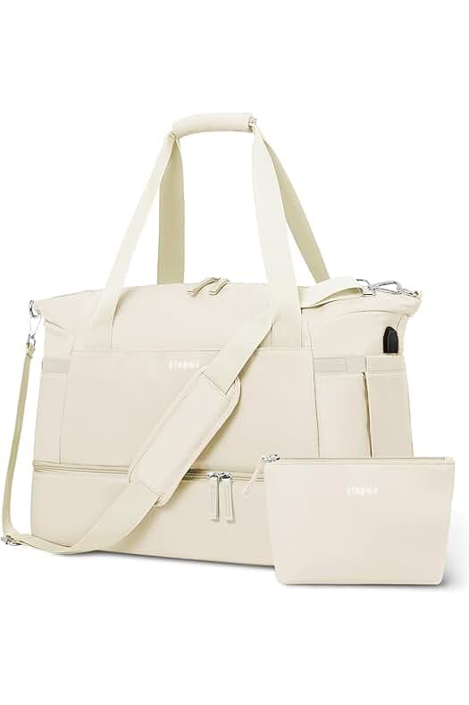 ETRONIK Gym Bag for Women, Personal Item Travel Bag with Shoes Compartment, Weekender Overnight Duffel Bag with Wet Pocket & USB Charging Port, Carry On Bag for Women, Travel, Gym, Weekend (Beige)