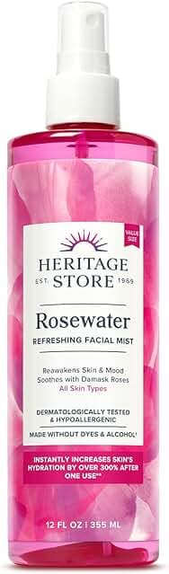 HERITAGE STORE Rosewater - Refreshing Facial Mist for Glowing Skin with Damask Rose, All Skin Types - Rose Water Spray for Face, Made Without Dyes or Alcohol, Hypoallergenic, Vegan, Cruelty Free, 12oz