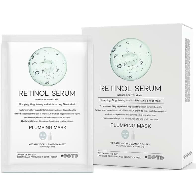Rejuvenating Retinol Sheet Mask Korean Vegan Wrinkle Lifting, Plumping and Moisturizing Sheet Mask, Retinol, Ceramide, Hyaluronate 10EA