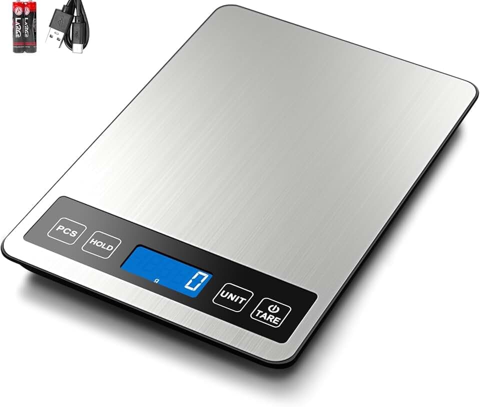 Fuzion Food Scale, 1g/0.1oz Digital Kitchen Scale - 22lb, 7 Units, Tare & PCS, Rechargeable Power, Tempered Glass & Stainless Steel - Food Weight Scale Grams and oz for Cooking, Baking