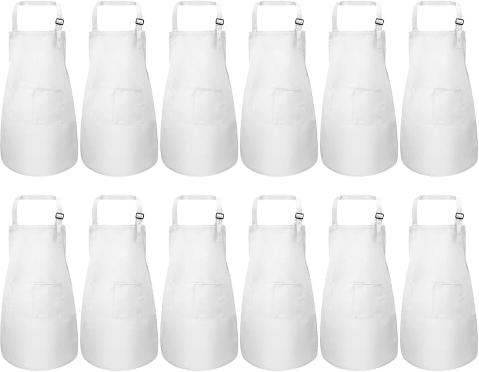 SATINIOR 12 Pcs Kids Apron for 2-13 Age Adjustable Children Chef Art Smock with Pocket for Girl Boy Activity(White,L for 7-13 Age)