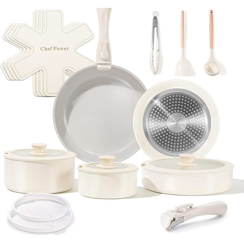 Chef Power Ceramic Nonstick Pots and Pans Set 19 Piece with Detachable Handle, Induction Dishwasher Oven Safe Cookware Set, RV Kitchen Set Removable Handle, Granite Grey and White