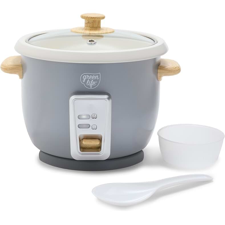 GreenLife Electric Rice Cooker, 3-Cups Uncooked/6-Cups Cooked, Removable PFAS-Free Nonstick Pot, One-Switch Design, Auto Keep Warm, Small Space Saving, Rice Paddle, Soup, Grains, Oatmeal, 1.5 QT, Grey
