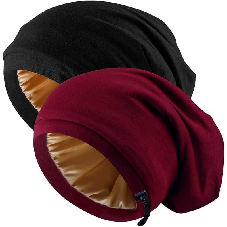 2 Pcs Adjustable Silk Satin Bonnet Hair Wrap for Sleeping - Silk Lined Slouchy with Adjustable Strap - Night Caps for Women and Men with Curly Hair - Head Scarf