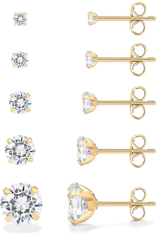 PAVOI 14K Gold Plated Five Pairs Stainless Steel Stud Earrings Set for Women | Hypoallergenic 5 Earrings Pack | Premium Cubic Zirconia Studs