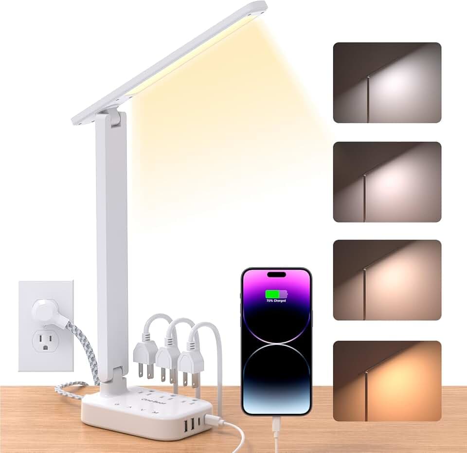 Power Strip with LED Desk Lamp, 3 Outlets 4 USB Ports(2 USBC) 4 Modes 5 Level Touch Lamp Small Desk Lamps for Home Office Bedroom Bedside, Study Reading Light, 5ft Extension Cord, Dorm Room Essentials