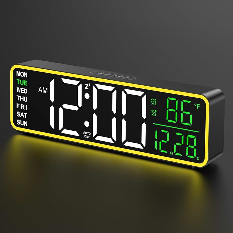 Alampan 9" Large Digital Clock, Desk & Wall-Mounted, Dual Alarm Clock for Bedrooms, Large Display, with Night Light, Week and Date, LED Temperature, Electric, Auto DST, Corded(Green Temp & Date)