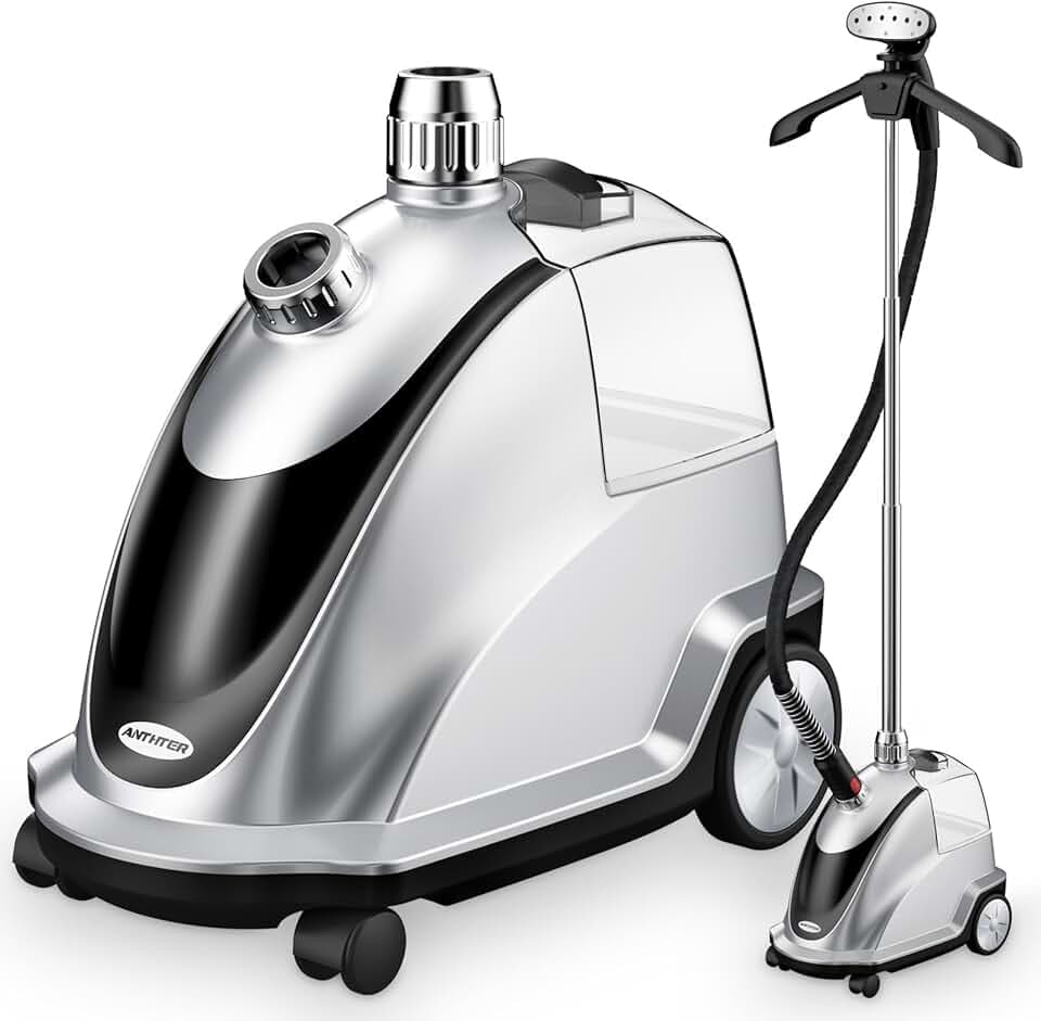Anthter Steamer for Clothes, 1500W Powerful Standing Garment Steamer with Roll Wheels, 2.4L Water Tank for 90 Mins Continuous Steaming, 35s Fast Heat-up (Silver)