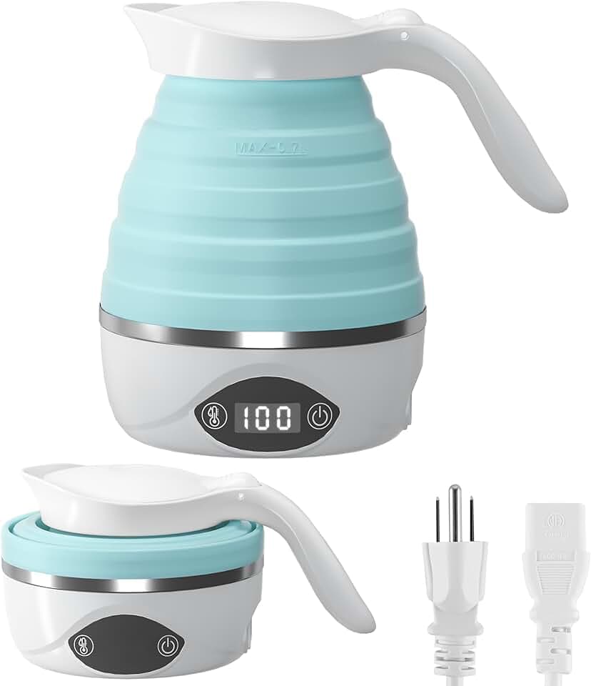 Foldable Electric Kettle 0.8L | 100-240V Dual Voltage | 850W 5-Min Boil & Auto Shut-Off | Portable Kettle for Hotel/Camping/Office | (Blue)