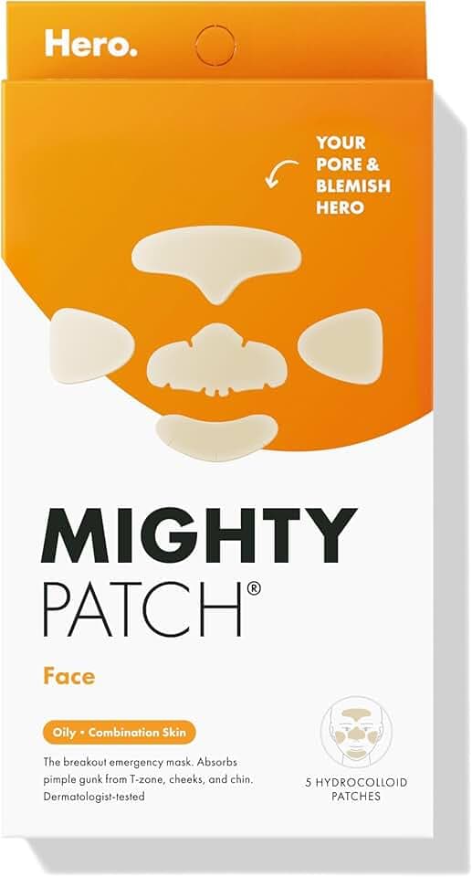 Hero Cosmetics Mighty Patch™ Face Patch - XL Hydrocolloid Face Mask for Acne, 5 Large Pimple Patches for Zit Breakouts on Nose, Chin, Forehead & Cheeks (1 Count)