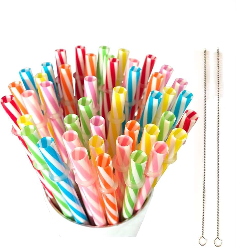 100 Piece Reusable Hard Plastic Straws. BPA-Free, 9 Inch Long Stripe Drinking Straws, Outer Diameter 0.28 Inch
