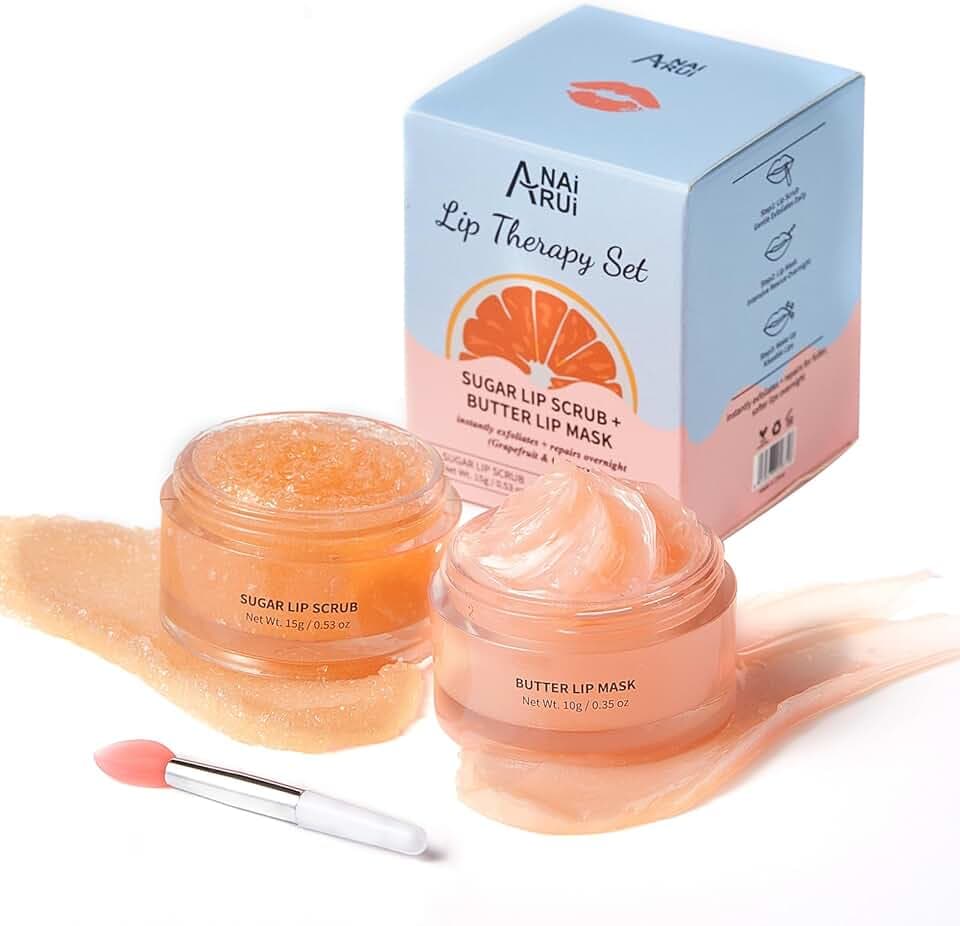 Hydrating Lip Mask & Lip Scrub Set, Lip Overnight Treatment For A Softer & Smoother Pout, Lip Exfoliator Scrub and Moisturizer Set With Grapefruit, Non-Sticky, Vegan & Cruelty-Free