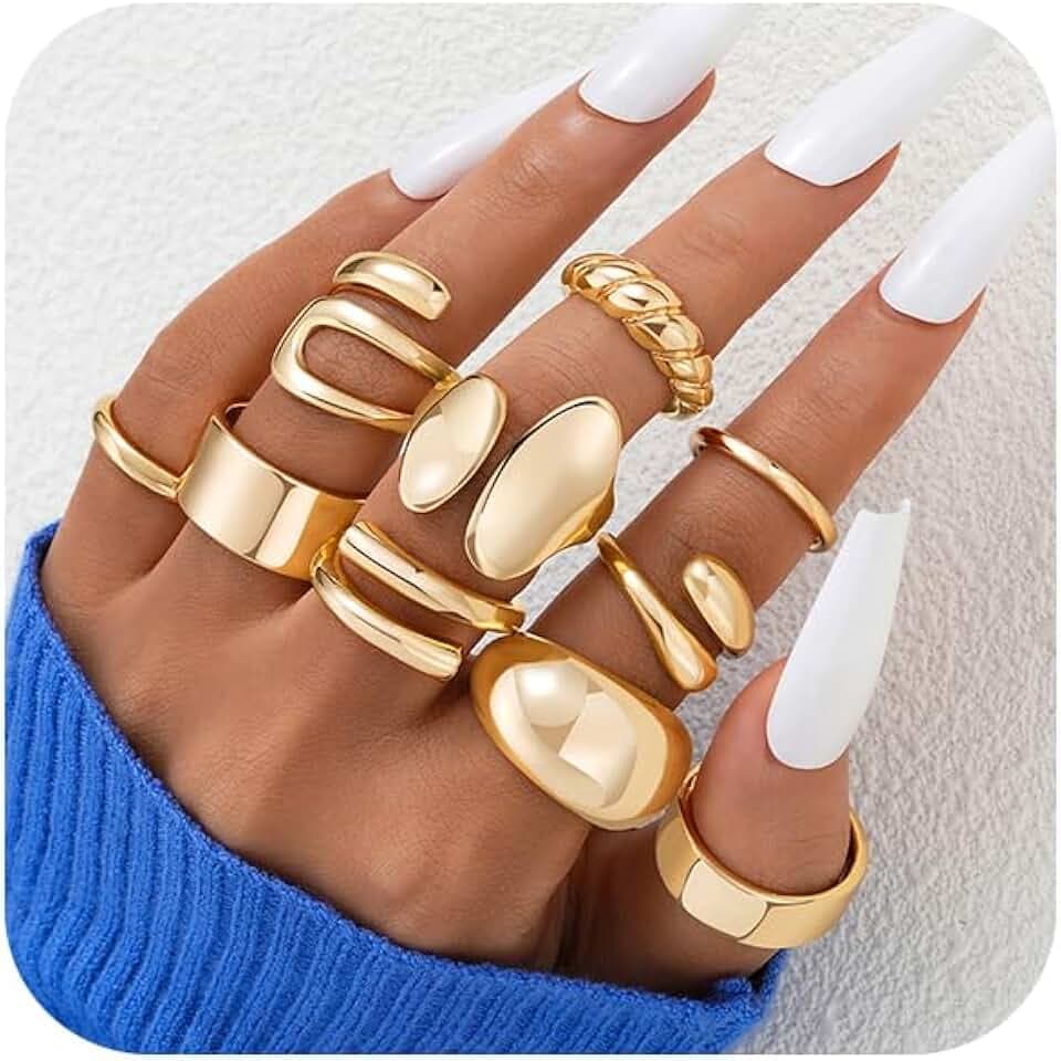 ÌF ME 10 PCS Gold Rings Set for Women Non Tarnish, 18K Gold Plated Chunky Stackable Rings, Statement Stacking Womens Ring Pack