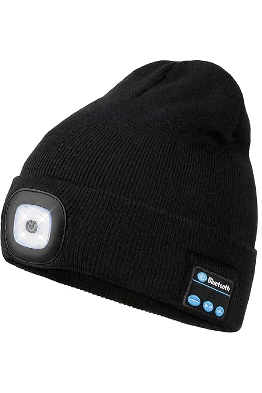 Wmcaps Bluetooth Beanie with a Light, Unisex USB Rechargeable 4 LED Fashlight Hat with Cordless Headphones, Unique Christmas Birthday Gifts for Men Him Husband Teen Black