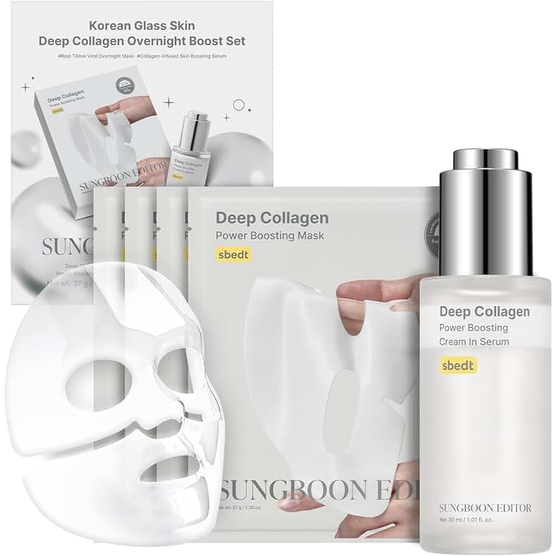 SUNGBOON EDITOR Deep Collagen Boost Set | Collagen Face Mask & Serum for Face, Real collagen 2,160,000ppb, Volufiline, Glass Skin, Skin Elasticity, Volumizing, Korean Skin Care, 37gx4ea & 1.01fl.oz