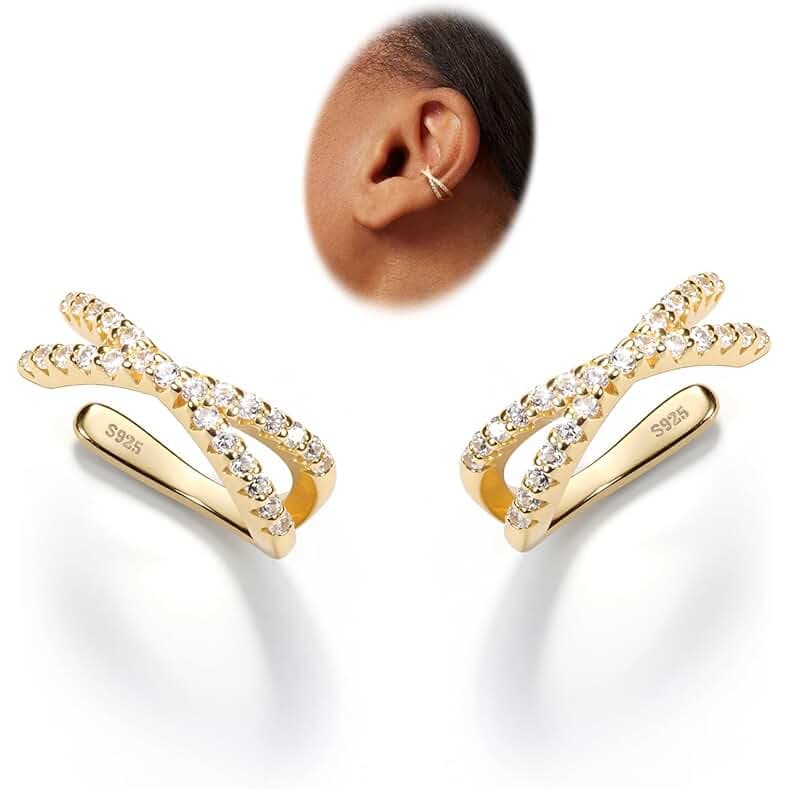 KRFY 2Pcs Adjustable Ear Cuff S925 Sterling Silver Ear Cuffs Non Piercing Cuff Earrings for Women 5A Cubic Zirconia Clip On Cartilage Helix Conch Fake Earrings Hypoallergenic