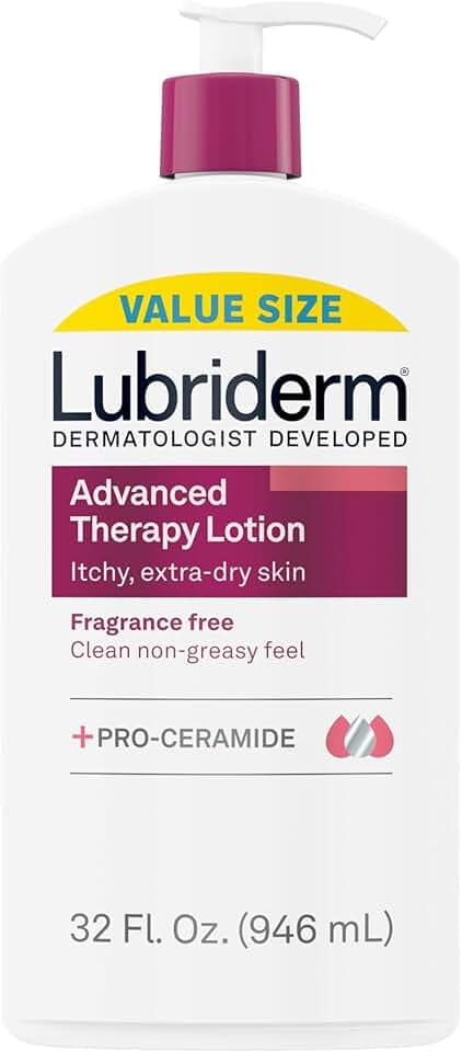 Lubriderm Advanced Therapy Fragrance Free Hand & Body Lotion + Pro-Ceramide, Intense Hydration for Itchy, Extra Dry, & Sensitive Skin, Non-Greasy, Hypoallergenic, Value Size, 32 fl. oz