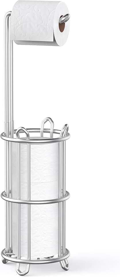 Meangood Toilet Paper Holder Stand and Tissue Paper Roll Dispenser for 4 Mega Rolls, Bathroom Free Standing Tissue Roll Storage Holder Rack, Metal Wire Silver