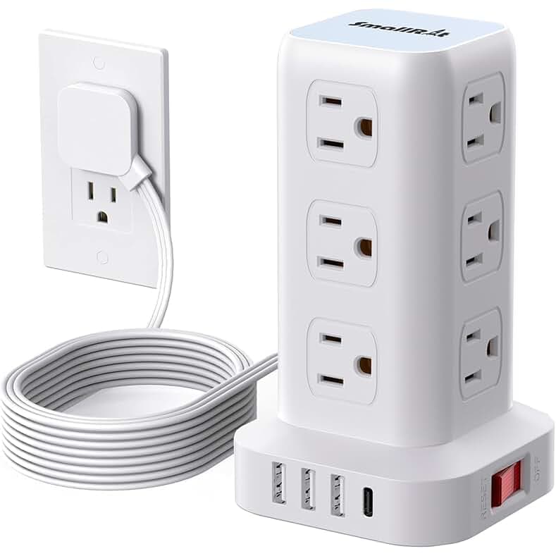 Power Strip Tower, 6.5 Ft Flat Plug Extension Cord, 16 IN 1 Power Bars with Surge Protector, Power Tower Bar with 12 AC Multiple Outlets 4 USB (1 USB C),for Home Office Desk