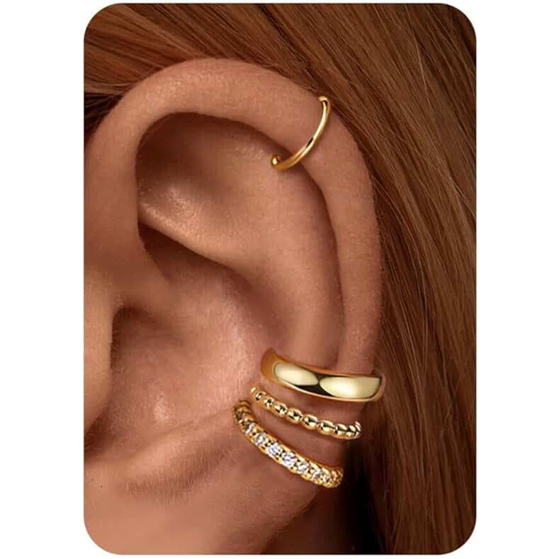 Gold Plated Ear Cuff Earrings for Women Non Piercing - Hypoallergenic Ear Cuffs Silver/Gold Non Tarnish Clip on Cartilage Earrings Fake Earring Set Trendy Jewelry 4Pairs