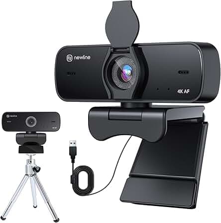 N newline 4K Webcam for PC, 4K UHD USB Webcam with Microphone, Auto Focus, Low Distortion, Privacy Cover, PC Camera w/Tripod Stand for Zoom, Skype, Teams, Laptop, Conferencing, Calling, NewEye 60