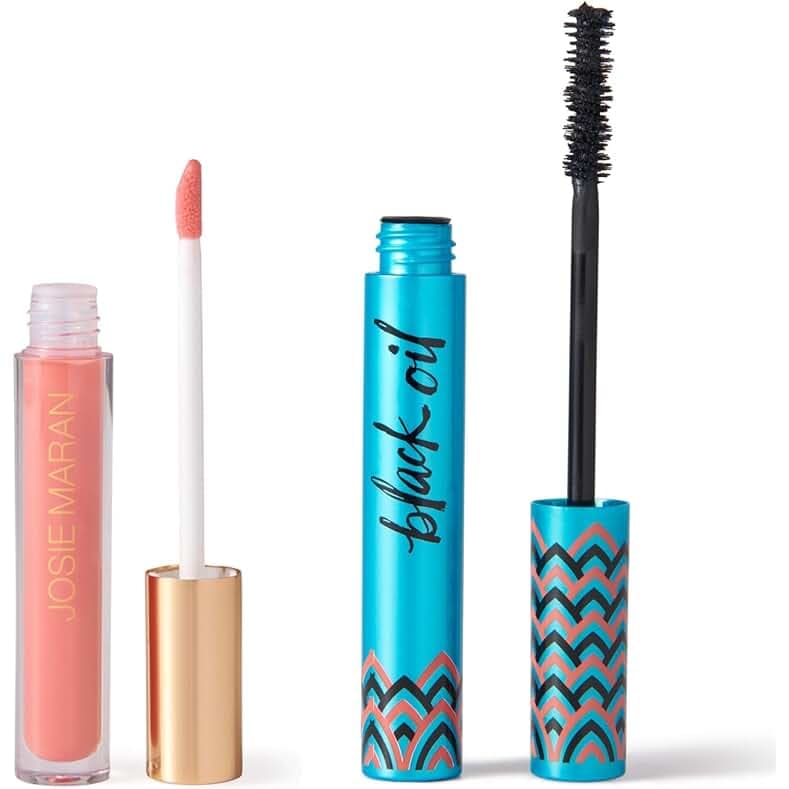 Josie Maran Eye Love Lip Gloss & Mascara Gift Set - Lip Plumper Infused with Argan Oil, Hyaluronic Acid for Sheer, Radiant Color & Lengthening Black Mascara - Vegan Makeup (2 Count)