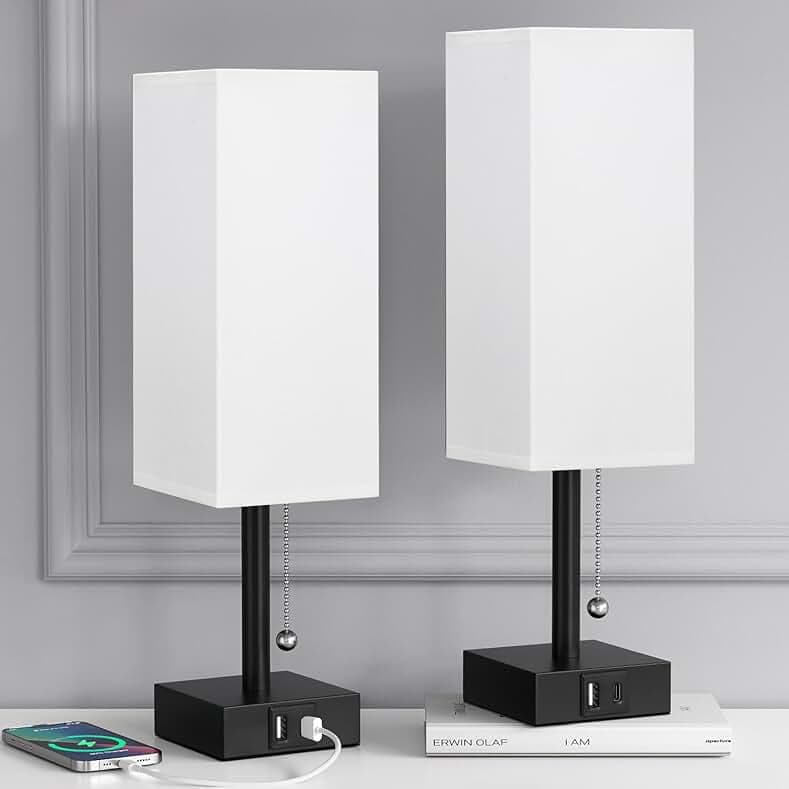 Bedside Table Lamps Set of 2 - Small White Bedroom Lamps with 3 Color Temperatures (3000K/5000K/4000K), Square Nightstand Lamp with USB C + A Charging Ports, Pull Chain Night Light