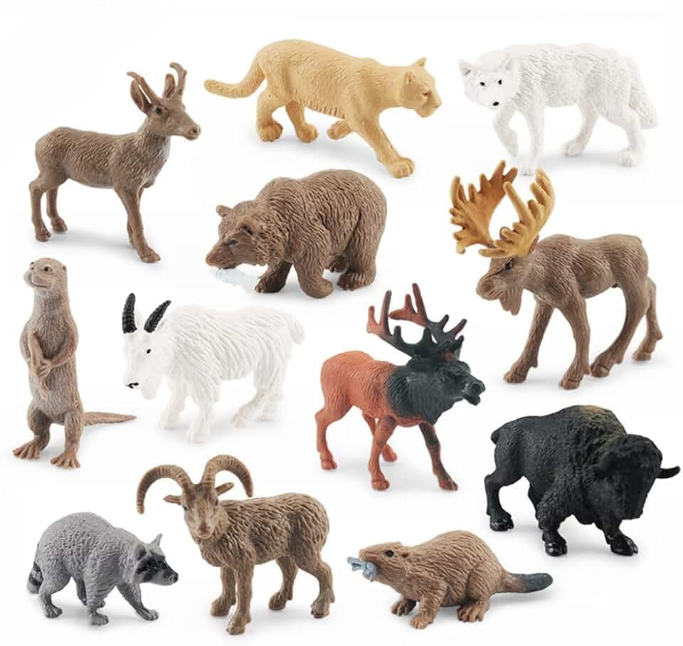 NatureMan North American Animals Set 12PCS Mini Wild Animals Figurines Set cludes Moose Raccoon Cougar, Wolf, Beaver for Children Educational Toy Cake Toppers