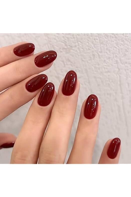 modelones Dark Red Short Press On Nails, Oval Fake Nails with Nail Glue, Adhesive Tabs, Nail File, Prep Pad, Manicure Stick, 32Pcs 16 Sizes, Cherry, Fall Halloween