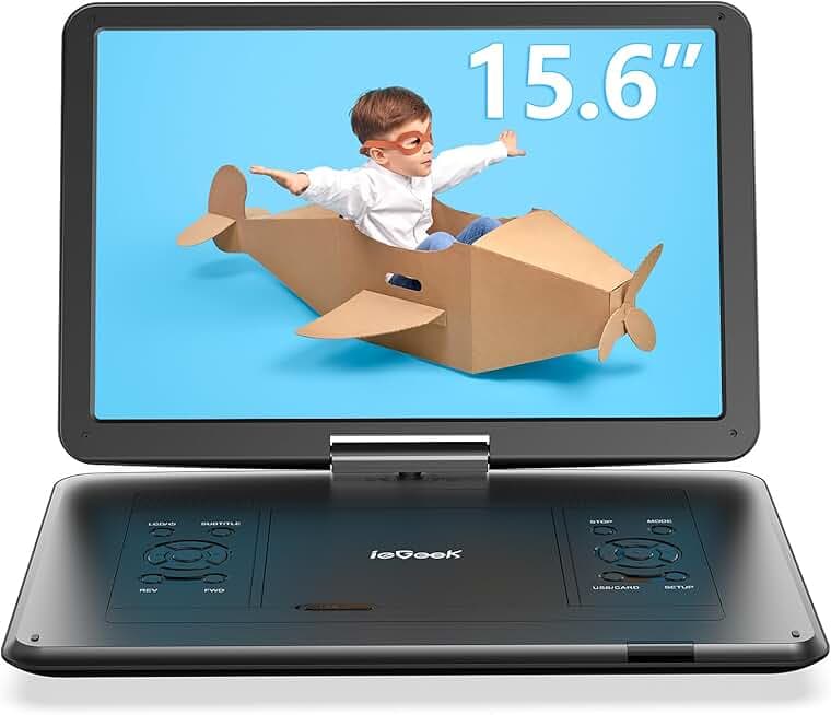 ieGeek 17.5" Portable DVD Player with 15.6" Swivel HD Large Screen, 6 Hrs 5000mAH Rechargeable Battery, High Volume Speaker, Support USB/SD Card/Sync TV, Car Charger, Remote Control,No Region Restrict