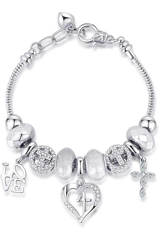 Charm Bracelet for Women, with Crystal and Heart Shape Glass Beads Sliver CZ Cross Snake Chain Bracelet, Trendy Charm Bracelet Jewelry Valentine's Day Gifts for Women