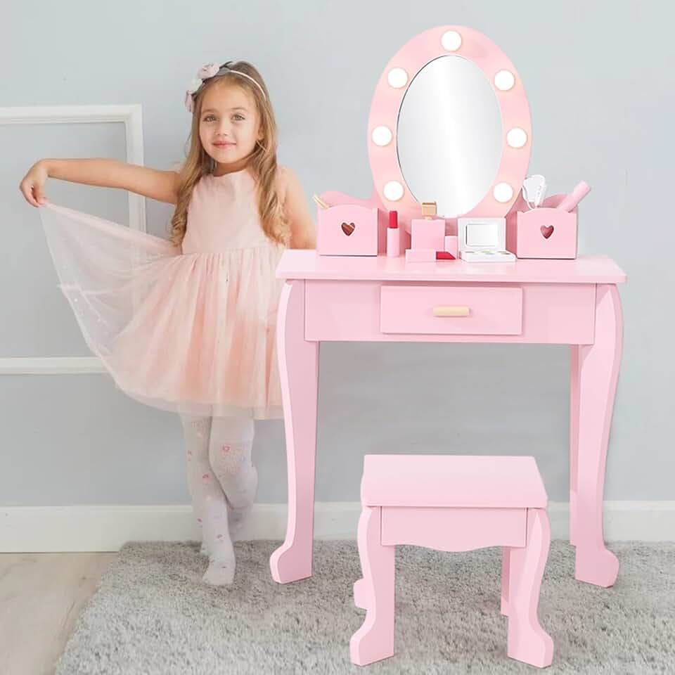GarveeHome Kids Vanity with Lighted Mirror, Toddler Vanity Table and Chair Set, Girls Makeup Playset, Pink