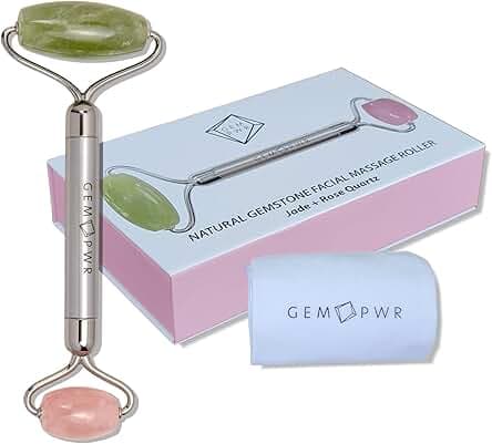 Rose Quartz + Jade Roller for Face and Neck Massage, Dual Gemstones with Durable Steel Handle and Travel Bag. Minimize Wrinkles, Reduce Puffiness and Restore Skin's Elasticity and Radiance