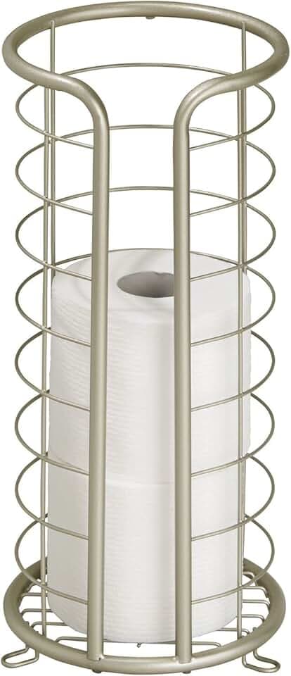 mDesign Metal Toilet Paper Holder Stand - Storage Reserve for 3 Rolls of Toilet Tissue - Freestanding Toilet Paper Holder - Stylish Bathroom Floor Toilet Paper Stand - Omni Collection - Satin