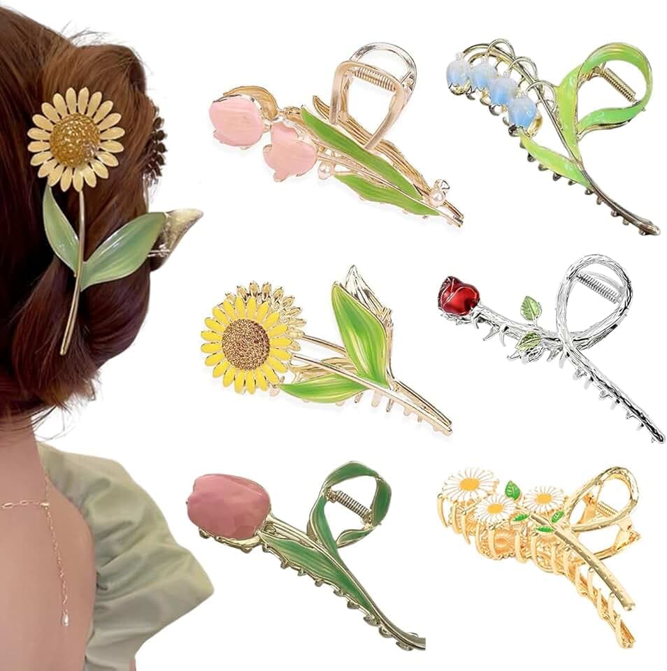 Flower Metal Hair Claw Clips 6 Pcs Cute Large Tulip NonSlip Hair Barrettes Strong Hold Hair Clamps Fashion Hair Accessories for Woman Girls with Long Thick Thin Curly Hair (A Style)