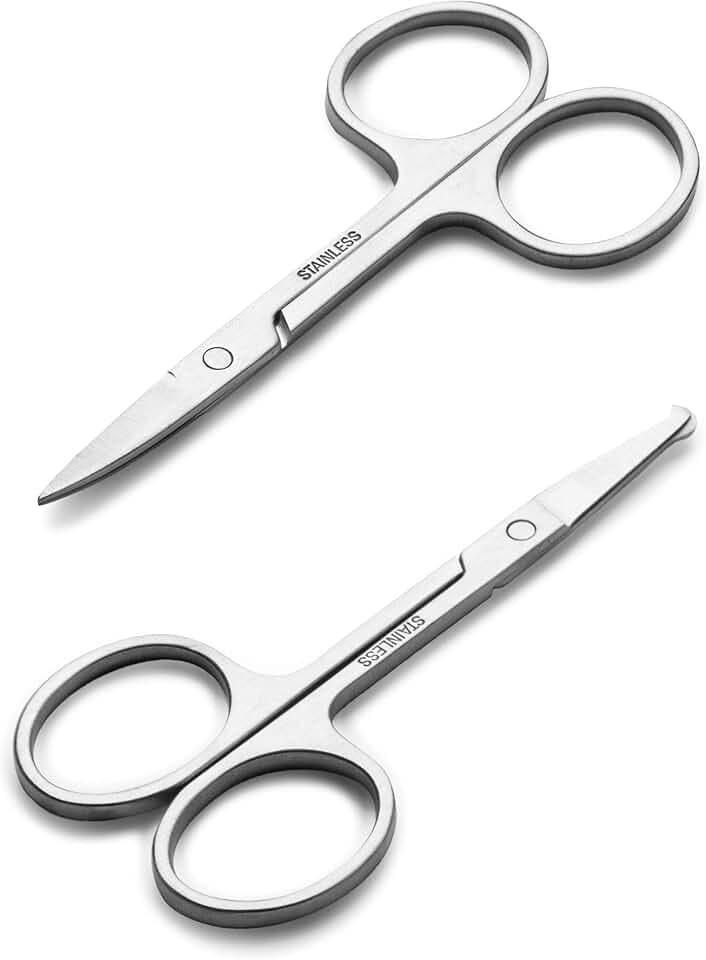 Facial Hair Small Grooming Scissors For Men Women - Eyebrow, Nose Hair, Mustache, Beard, Eyelashes, Ear Trimming Kit - Curved and Rounded Safety Tip Clippers For Hair Cutting - 2PCS Silver