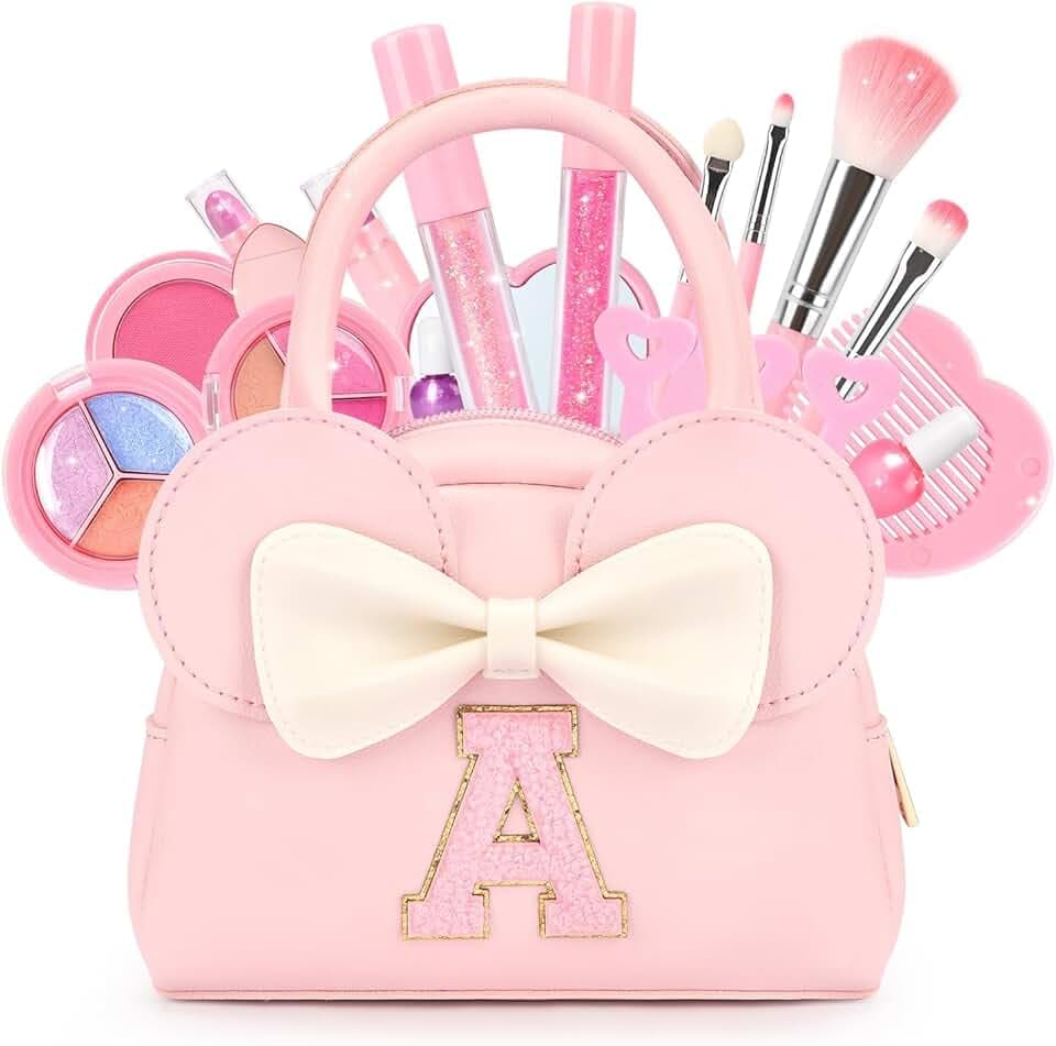Kids Real Makeup Kit for Girls - 18Pcs Non-Toxic Washable Make Up Toys with Initial Toddler Purse - Personalized Birthday Gifts for Age 3 4 5 6 7 8 9 10 Years Old Girls Vanity Set - A