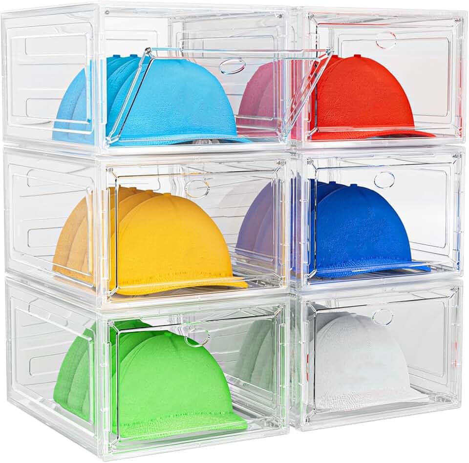 YKLSLH Hat Organizer Box, 6 Boxes for 40 Pack Hats, Upgrade Harder Solid Plastic Hat Organizer for Baseball Caps, Clear Hat Storage with Magnetic Door, Hat Rack Holder Case, White