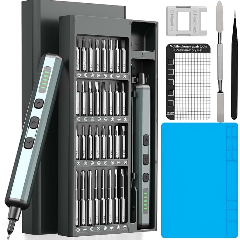70-in-1 Cordless Electric Screwdriver Set with 64 S2 Steel Bits: 3.7V USB-C Rechargeable, 5 Torque Settings & 4 LED Lights, Mini Repair Kit for PC, RC Electronics, Phones, Laptops, Glasses, Clocks