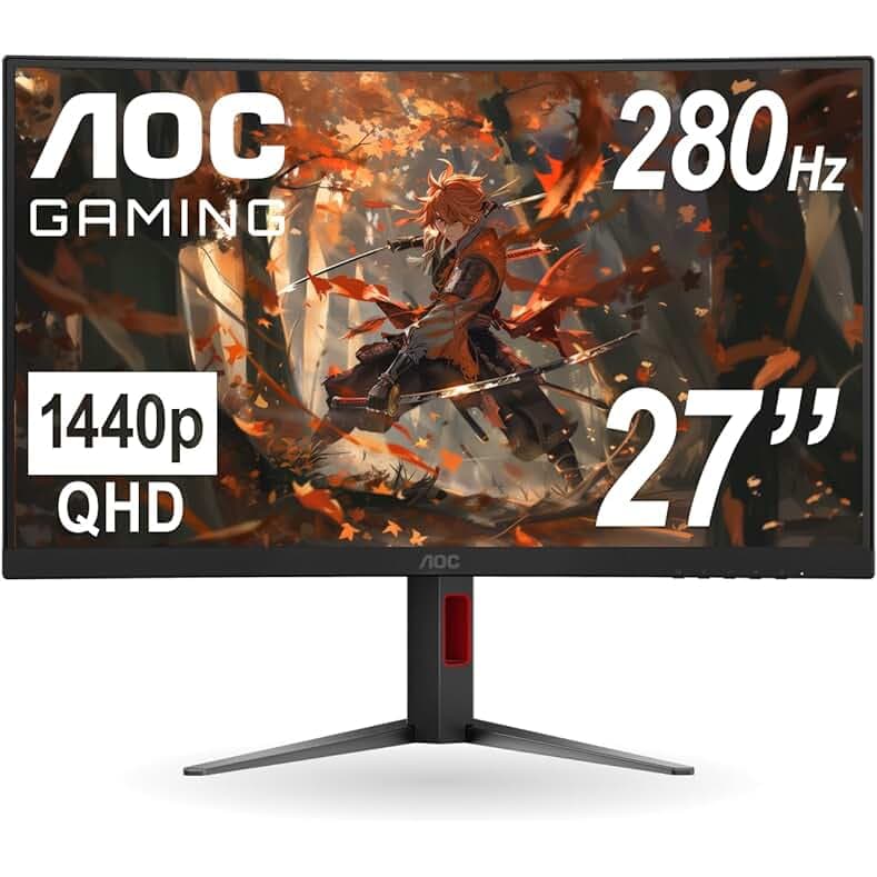 AOC CQ27G4ZH 27" Curved Gaming Monitor, QHD 2K 2560x1440, 1500R VA, 300Hz 0.3ms, HDMI x2, DP x1, Height Adjustable Stand, Xbox PS5 Switch Compatible, 3-Year Zero-Bright-dot