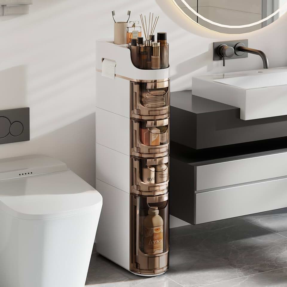 VECELO 4-Tier Slim Bathroom Storage Cabinet with Wheels, Skinny Bathroom Storage Cabinet with Drawers, Toilet Paper Holder, Movable Narrow Floor Cabinet for Small Space, Bathroom