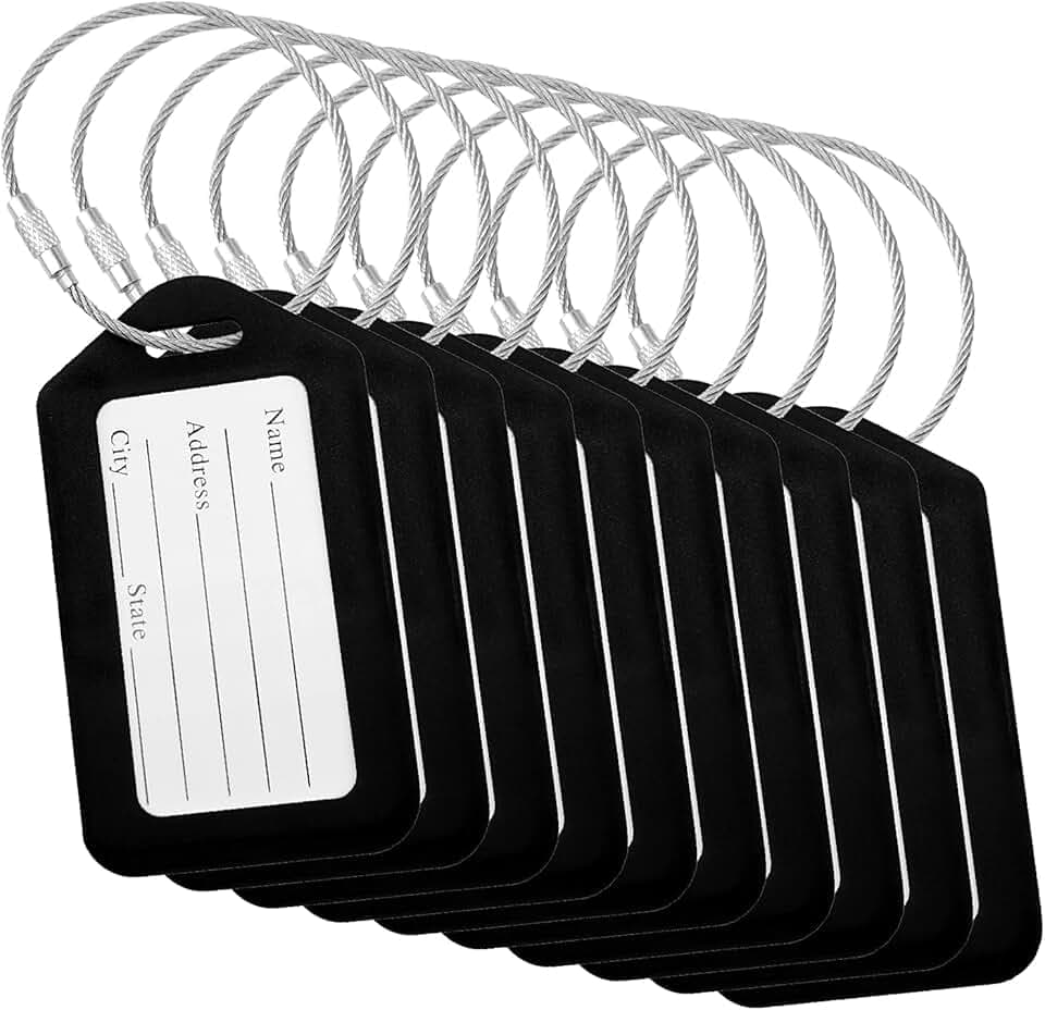 Luggage Tags (Small, Black, 10 PK) - Suitcase Tags w/Name ID Card & Heavy-Duty Metal Wire Loops - Bright Colored PVC Tags for Travel Baggage - Backpack Name Labels