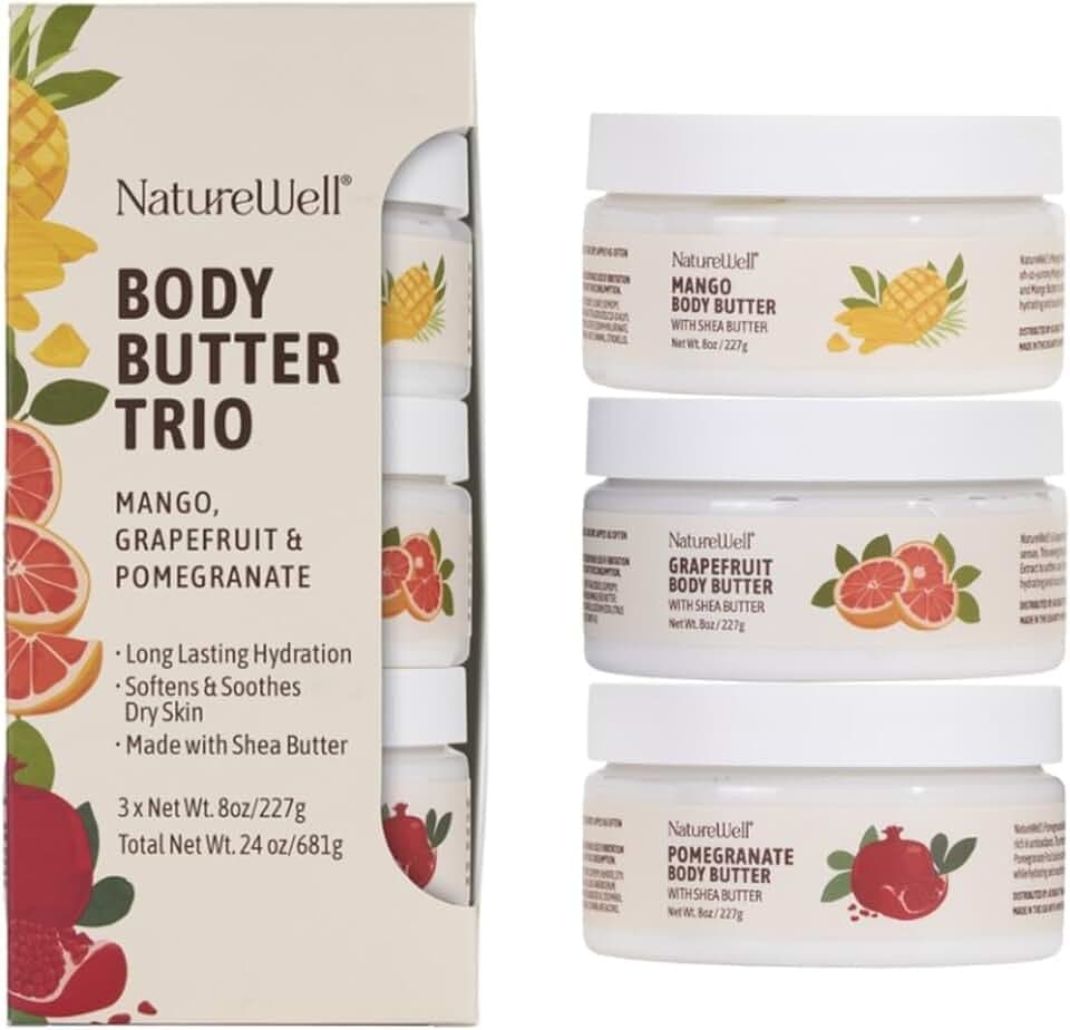 NATURE WELL Shea Body Butter Variety Pack, Includes Grapefruit, Mango, & Pomegranate, Provides Ultimate Nourishment & Hydration, 3 Pack (8 Ounces Each)