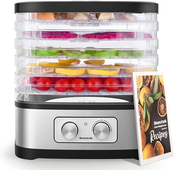Seeutek Food Dehydrator Machine, 5 BPA-Free Trays, Adjustable Temperature Control for Beef Jerky, Fruits, Vegetables, Includes Recipe Book & 4 Reusable Storage Bags, Electric Dryer Machine