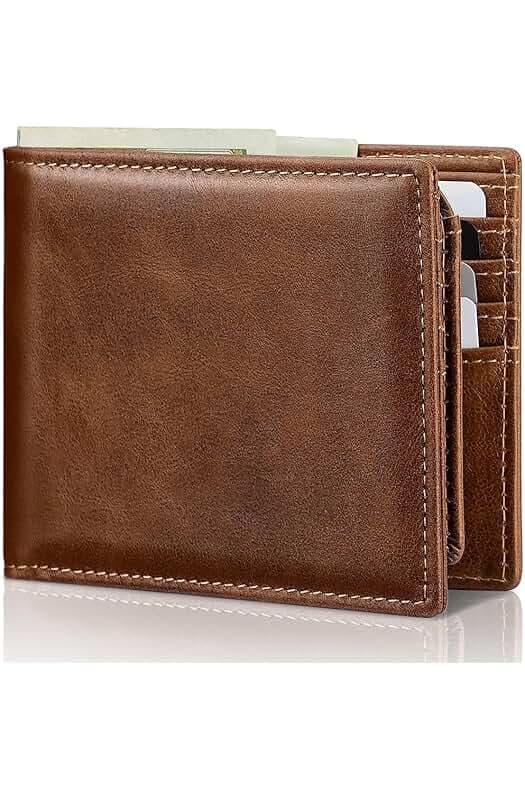 Mens Wallet Bifold Genuine Leather RFID Blocking Wallet for Men with 2 ID Windows 11 Card Holders 2 cash pockets 1 Gift Box