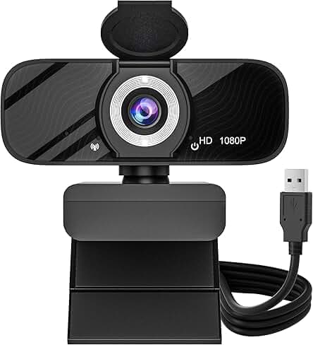 USB HD Webcam with Built-in Microphone and Rotatable Tripod, 1080P Video, Wide Angle Camera, Privacy Cover, for Desktop PC or Laptop Computer - 1（Black）