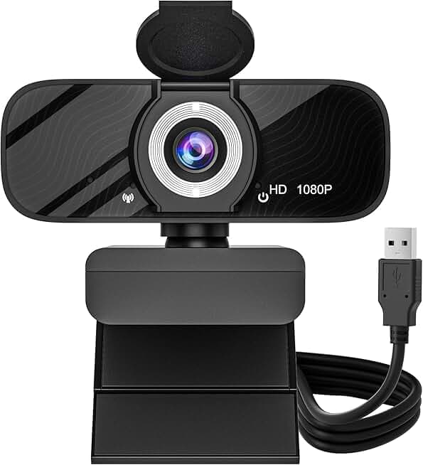 USB HD Webcam with Built-in Microphone and Rotatable Tripod, 1080P Video, Wide Angle Camera, Privacy Cover, for Desktop PC or Laptop Computer - 1（Black）